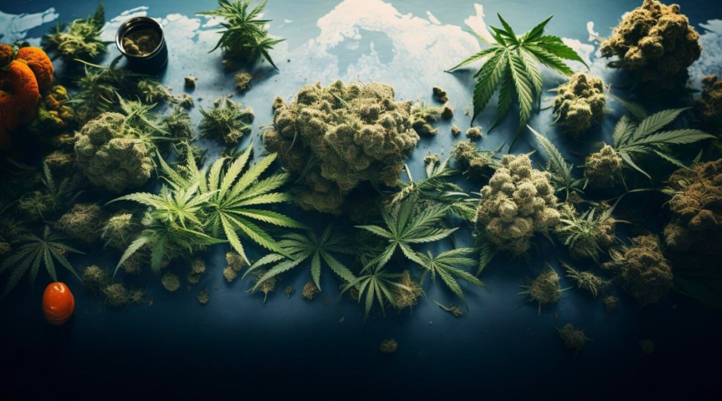 cannabis plants, buds, and a jar of CBD oil against a dark backdrop with a subtle world map imprint.