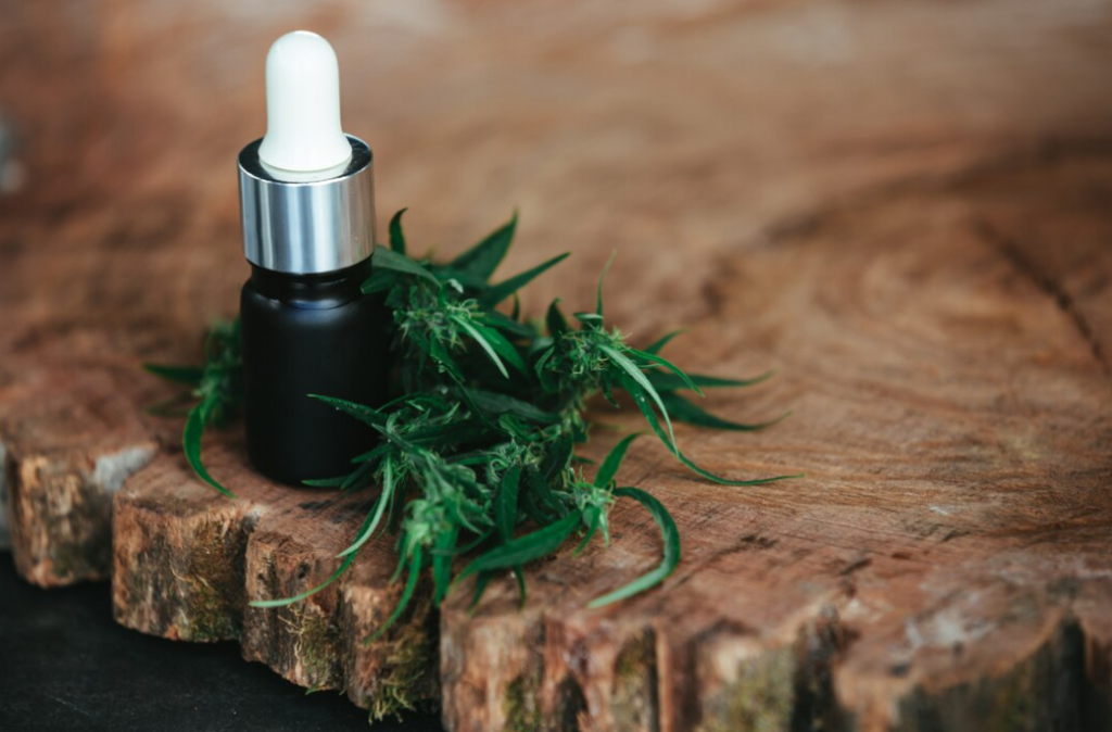 A dropper bottle surrounded by fresh cannabis leaves sits on a rustic wooden background