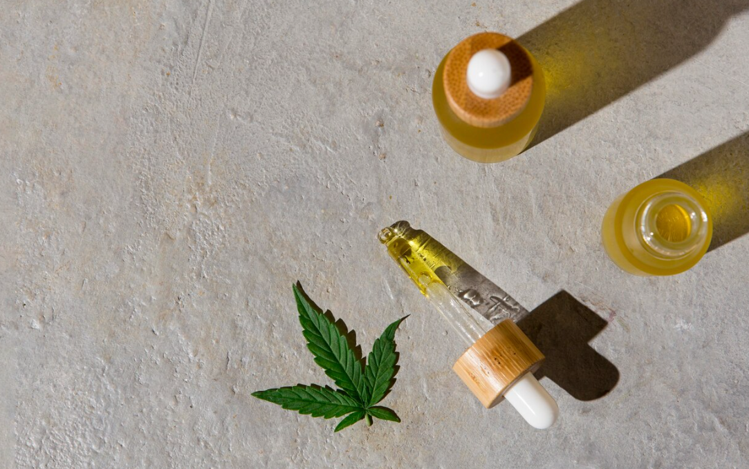 cannabis leaves alongside dropper bottles containing a golden CBD oil.